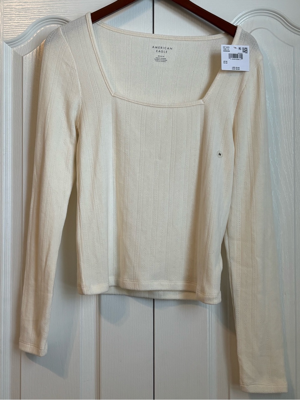 American Eagle Outfitters Ivory Square-Neck Ribbed Long Sleeve Top